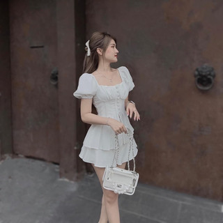 Set Áo Peplum Tay Bồng Nút Bọc