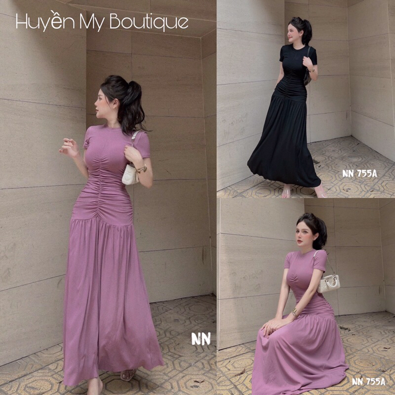 Váy Thun Body Cổ Tròn Nhún Eo Hông Váy Thun Tăm Maxi Dáng Dài Xoè Xinh