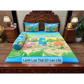 Bộ chăn ga gối thun lạnh lụa thái in 5D cao cấp . Mẫu Khủng Long