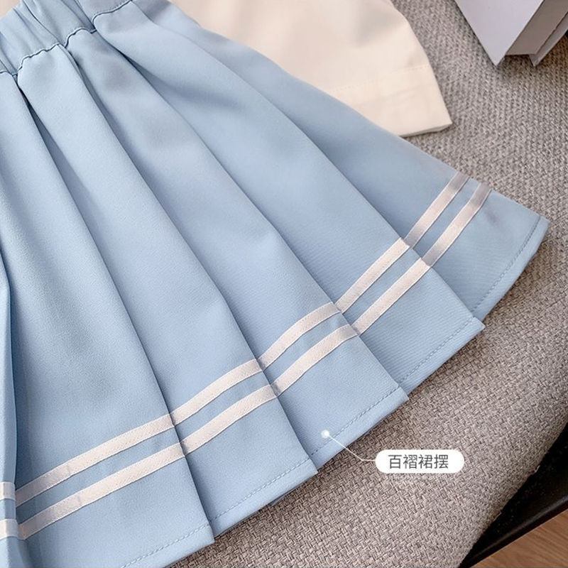 15-55Kg Bé Gái JK Váy Phù Hợp Với Mùa Hè Bé Trai Lớn Áo Sơ Mi Ngắn Tay Phong Cách Đại Học Váy Xếp Ly 2 Bộ