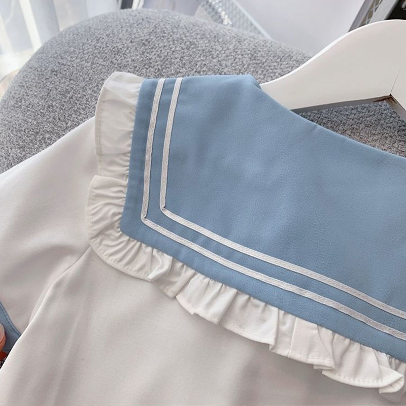 15-55Kg Bé Gái JK Váy Phù Hợp Với Mùa Hè Bé Trai Lớn Áo Sơ Mi Ngắn Tay Phong Cách Đại Học Váy Xếp Ly 2 Bộ