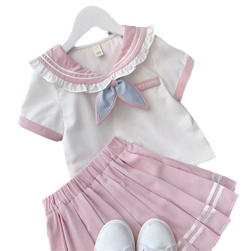15-55Kg Bé Gái JK Váy Phù Hợp Với Mùa Hè Bé Trai Lớn Áo Sơ Mi Ngắn Tay Phong Cách Đại Học Váy Xếp Ly 2 Bộ