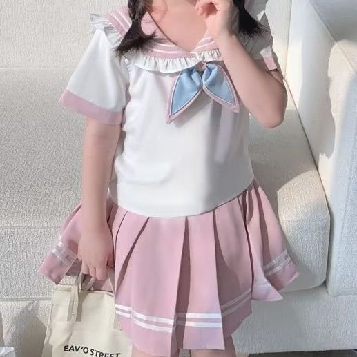 15-55Kg Bé Gái JK Váy Phù Hợp Với Mùa Hè Bé Trai Lớn Áo Sơ Mi Ngắn Tay Phong Cách Đại Học Váy Xếp Ly 2 Bộ