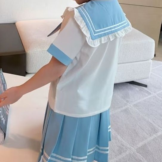 15-55Kg Bé Gái JK Váy Phù Hợp Với Mùa Hè Bé Trai Lớn Áo Sơ Mi Ngắn Tay Phong Cách Đại Học Váy Xếp Ly 2 Bộ