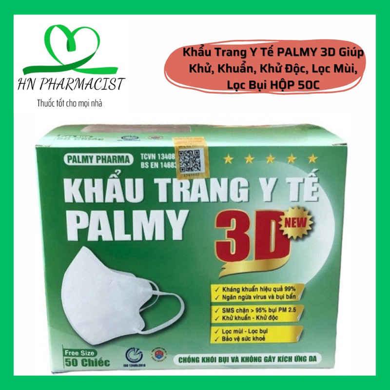 Khẩu Trang Y Tế PALMY 3D Giúp Khử, Khuẩn, Khử Độc, Lọc Mùi, Lọc Bụi hộp 50 cái