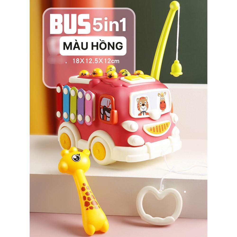 Đồ Chơi Ô Tô Đa Năng 5 Trong 1 - Xe Bus kéo phát nhạc Kết Hợp nhiều trò chơi câu cá thú vị cho bé Smart Baby
