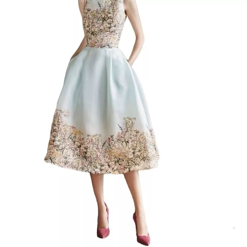 Đầm midi CALVIN KLEIN trắng nền hoa vải co giãn