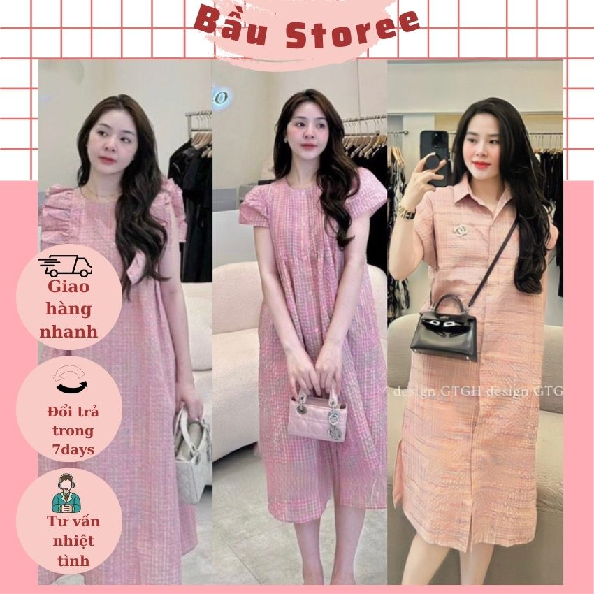 VÁY BẦU XUÔNG BABYDOLL HỔNG KẺ KHUY GIỮA XINH XẮN- ĐẦM TIỂU THƯ MÙA HÈ CỰC DỄ THƯƠNG