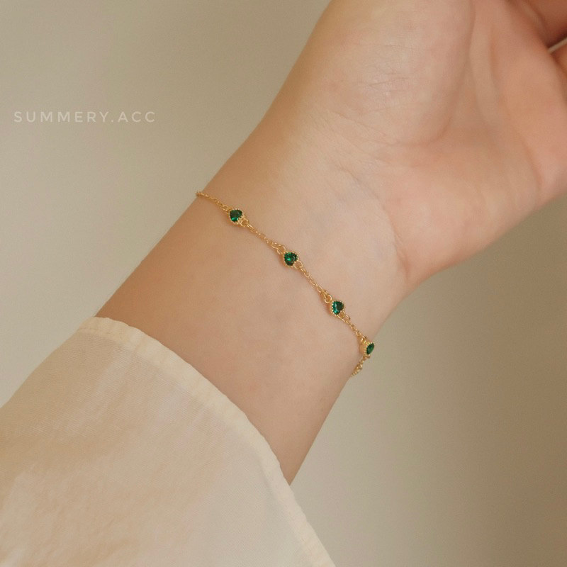 Vòng tay bạc 925 SUMMERY tim đá xanh lắc tay S925 mạ vàng
