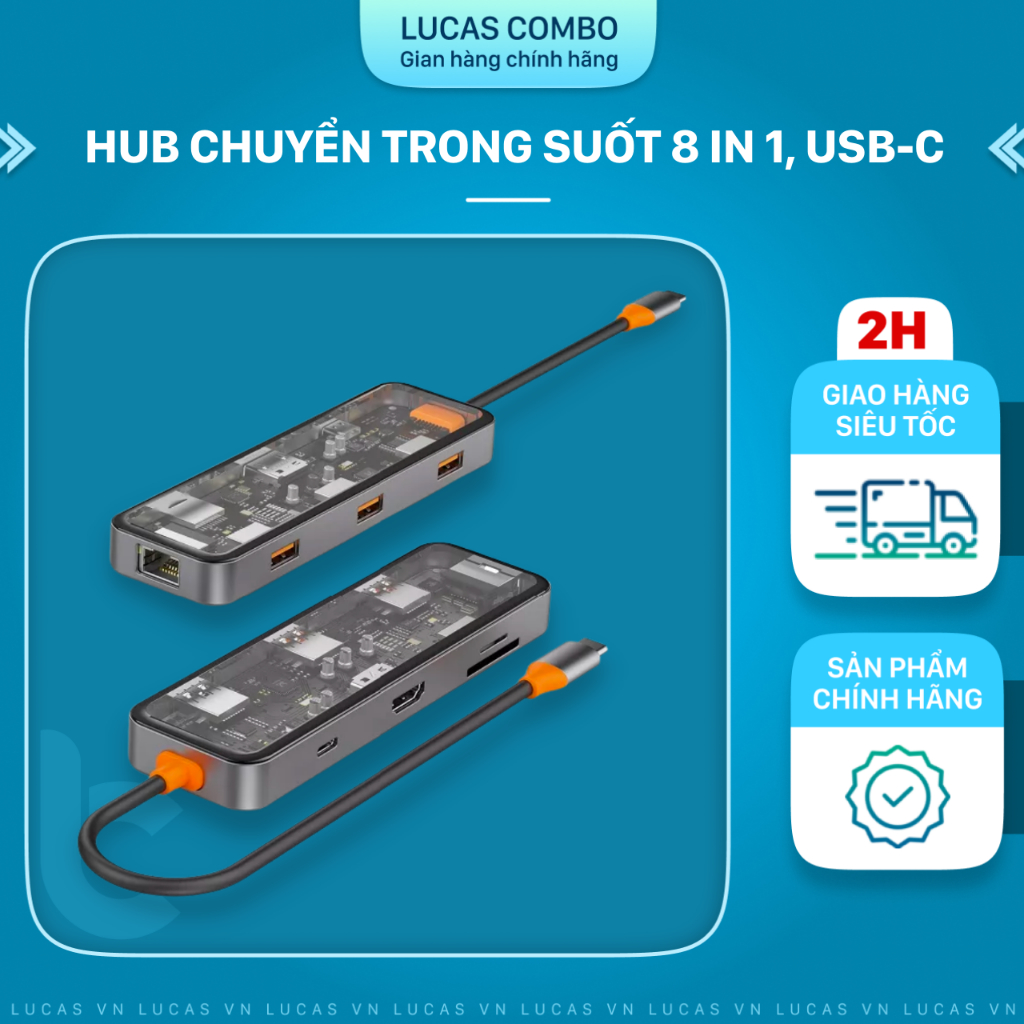 Hub USB-C 8in1 Trong Suốt WIWU Cyber USB 3.0, SD/TF, HDMI, PD