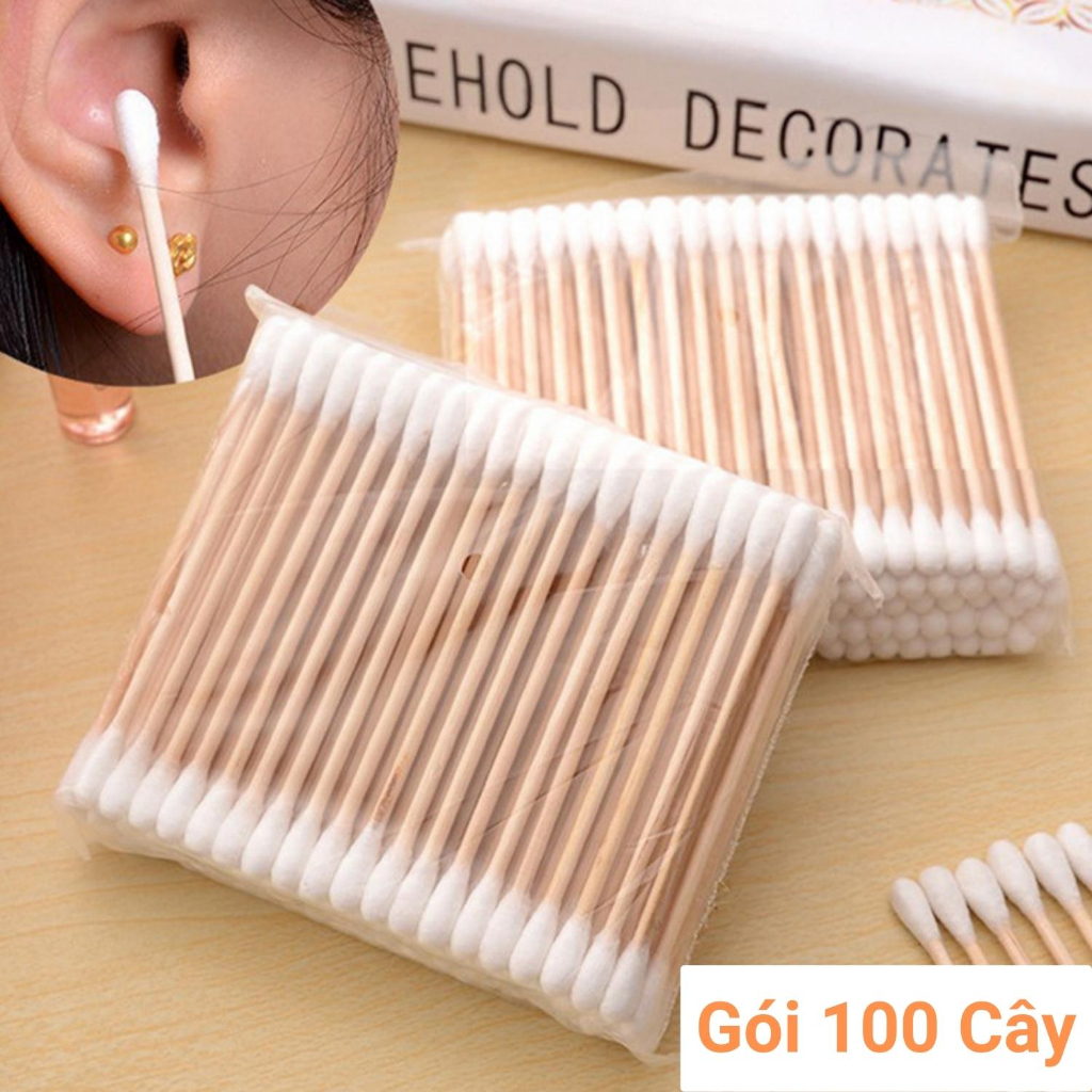 Bông Tăm Ngoáy Tai Cho Bé Thân Thiện Với Môi Trường, Tăm Bông Ngoáy Tai Nặn Mụn Thân Gỗ Hộp 100 Cây  An Toàn Tiện Lợi