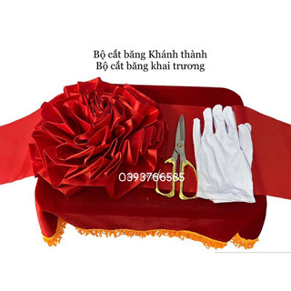 Bộ cắt băng khánh thành, khai trương. Kéo rồng vàng, găng tay trắng, khăn phủ khay tua rua, hoa vải to,lụa Đỏ 20,30,40cm