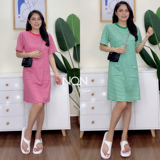 Đầm Váy Nữ Chất Vải Thun Gân Sọc Ngang Phom Rộng Dáng Chữ A Cổ Tròn Mặc Đi Chơi Đi Biển Bigsize 40-70kg