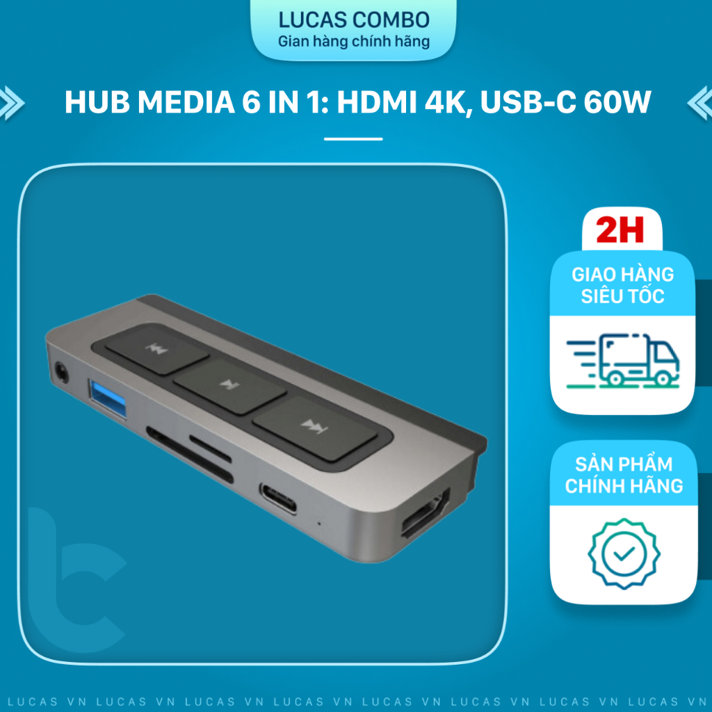 Cổng Chuyển/Hub USB-C Đa Phương Tiện HyperDrive Media 6in1 HDMI 4K/60Hz, SD, MicroSD, USB-C, USB-A 3.1, Jack 3.5mm