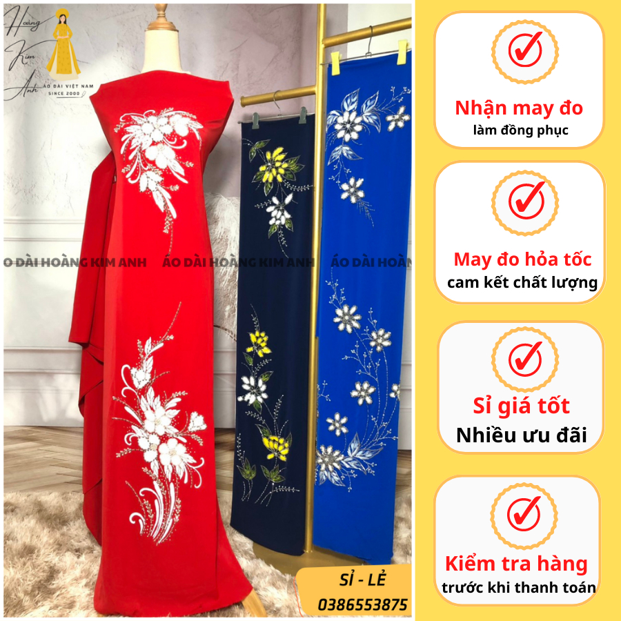Vải may áo dài đồ bộ lụa chiffon đính đá kết hoa Hoàng Kim Anh màu Đỏ - Vải áo dài truyền thông trung niên sui gia đẹp