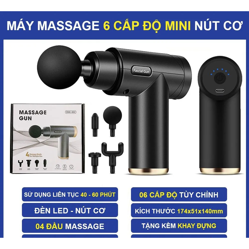 Máy massage cầm tay - súng massage cầm tay 4 đầu 6 chế độ.