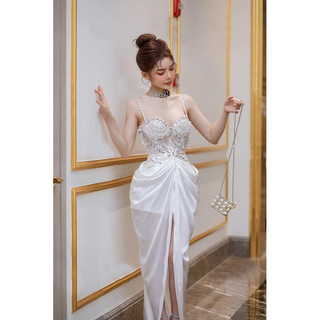 Đầm body dự tiệc cao cấp phi thun lụa kết đá pha lê - size S/M/L