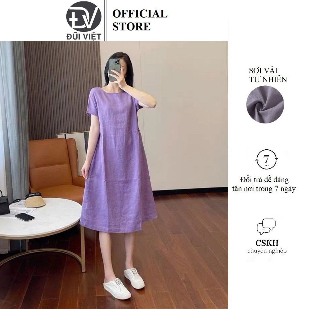 Đầm suông đũi chiết eo nhẹ, cổ tròn ngắn tay, mẫu basic dễ mặc Đũi Việt
