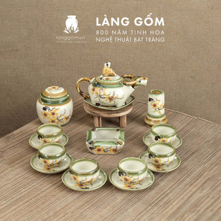 Bộ ấm chén uống trà Gốm sứ Bát Tràng cao cấp, dáng trâu, vẽ họa tiết hoa mai, đào, sen, dung tích 350ml-550ml - LÀNG GỐM