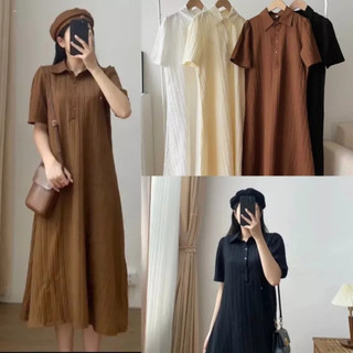 Váy suông cổ polo cộc tay đũi gân dáng xòe, đầm suông cổ sơ mi chất đũi