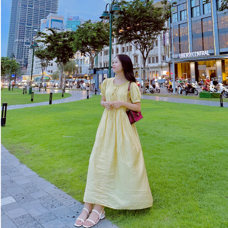 Đầm Tơ Dài Xếp Ly Nơ Ngực - Sunnie Dress