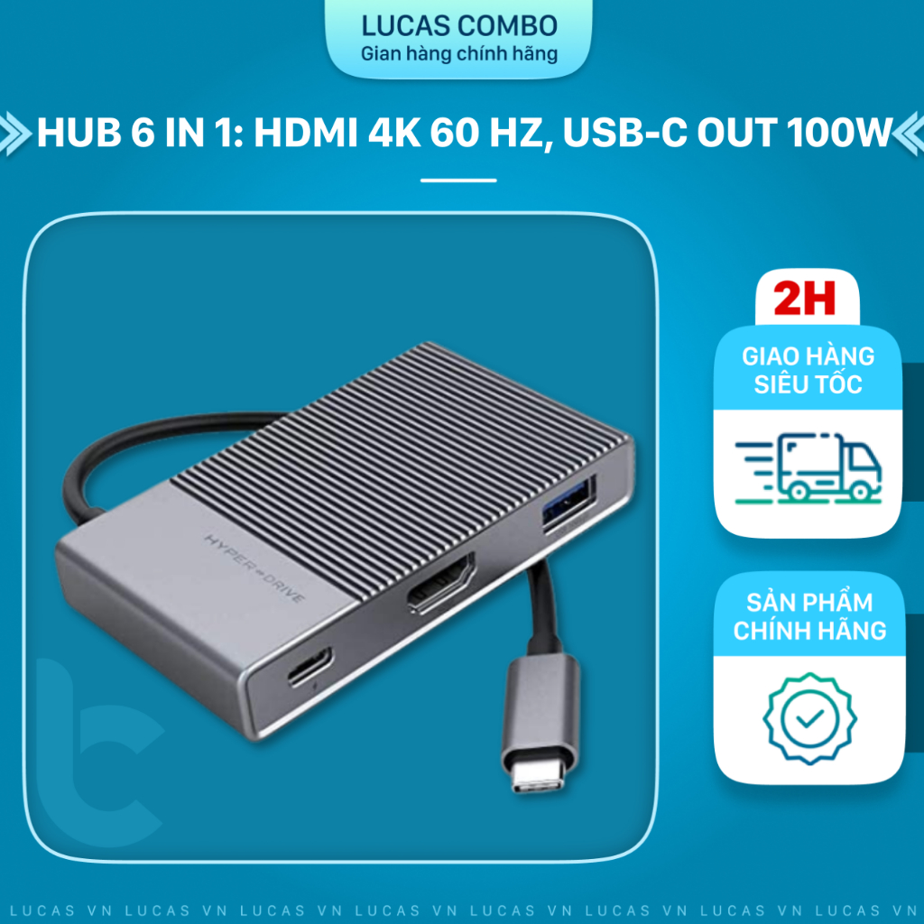 Cổng Chuyển/ Hub USB-C 6in1 HDMI 4K, USB 3.0, SD, MicroSD, USB-C, Jack 3.5mm GEN 2 HyperDrive