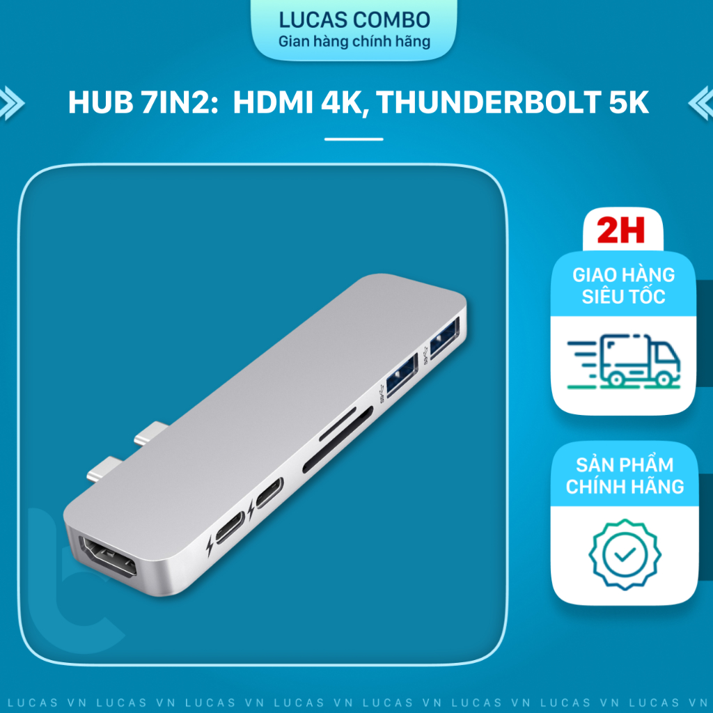 Cổng Chuyển/Hub USB-C Pro 7in2 HDMI 4K, Thunderbolt 3 5K, USB 3.1, USB-C, SD, MicroSD HyperDrive