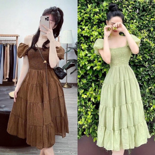 Đầm maxi tay phồng cổ vuông nhún ngực dáng dài