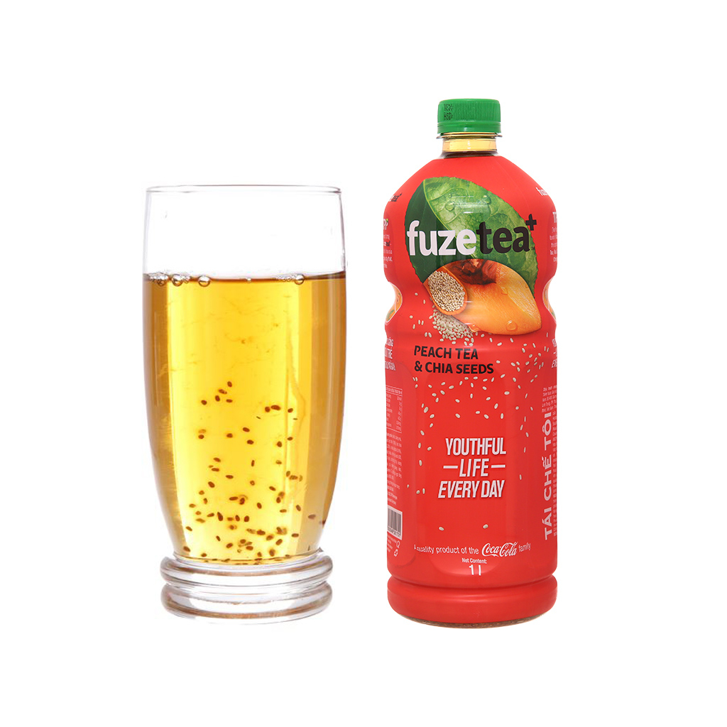 Thùng 12 chai trà FUZE TEA+ đào hạt chia 1 lít / Lốc 6 chai trà FUZE TEA+ đào hạt chia 1 lít