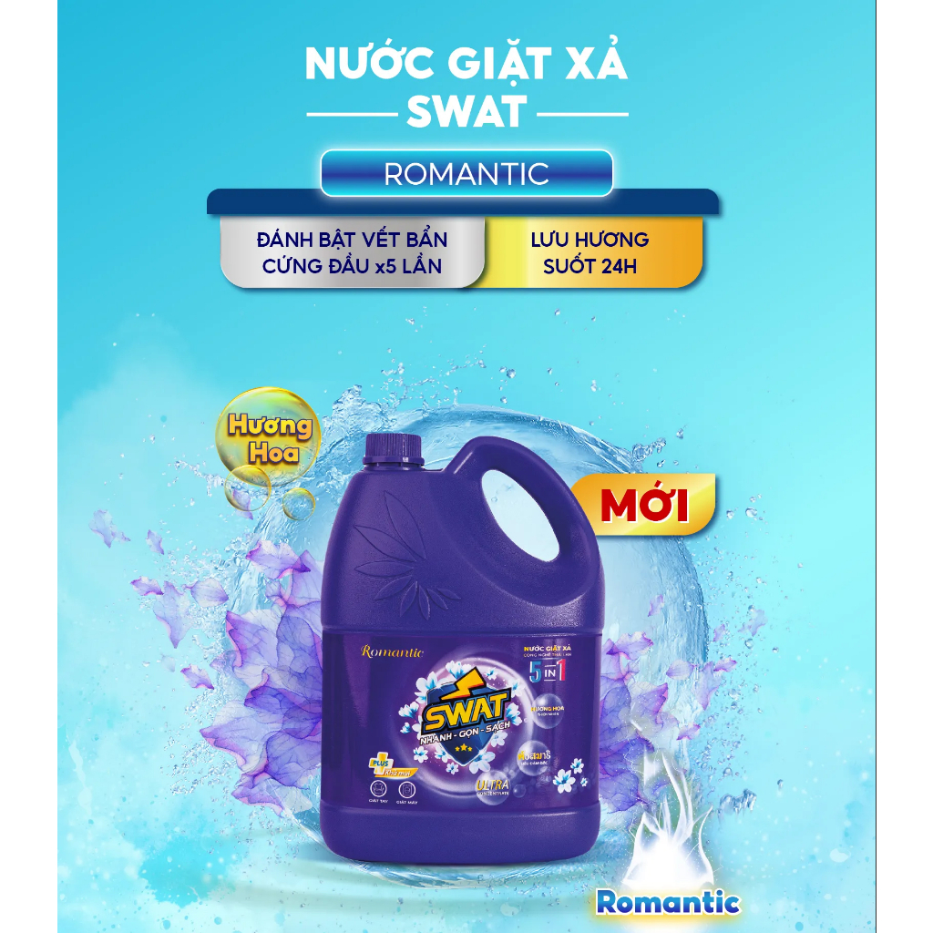 Nước Giặt Xả 5 in 1 SWAT Hương Romantic Siêu Thơm 2.2kg/3.8kg - Siêu tiết kiệm giúp diệt khuẩn, công nghệ lưu hương kép