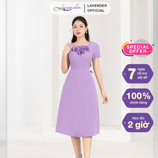 Đầm công sở thiết kế lavender fashion cổ tròn màu tím dáng a đính hoa laser d2853