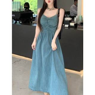 Váy jeans xanh nhạt 2 dây rúm ngực thân a dài
