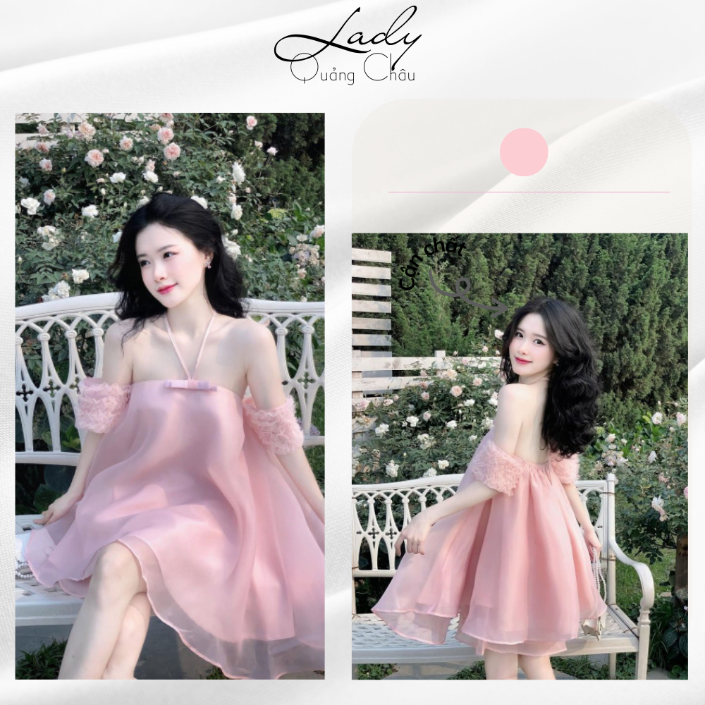 Váy tiểu thư trễ vai 2 lớp kiểu hàn, Đầm voan tơ cổ yếm màu hồng quảng châu form đẹp dễ thương