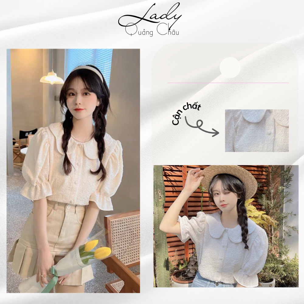 Sơ mi trắng tiểu thư tay bồng bo chun, Áo sơ mi nữ cộc tay lửng cổ bèo điệu đà cute kiểu hàn