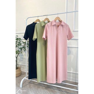 Váy suông polo cổ v có túi chất tăm lạnh bầu bí thoải mái, đầm polo dáng dài form rộng chất tăm