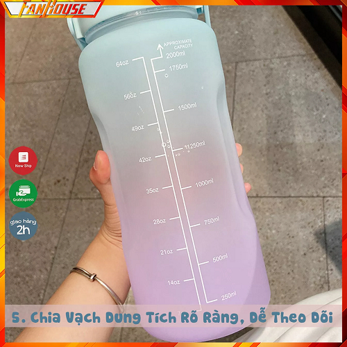 Bình nước 2 lít [ kèm Sticker] có vạch chia nhắc giờ dành cho người lười uống nước, bình đựng nước thể thao 2L