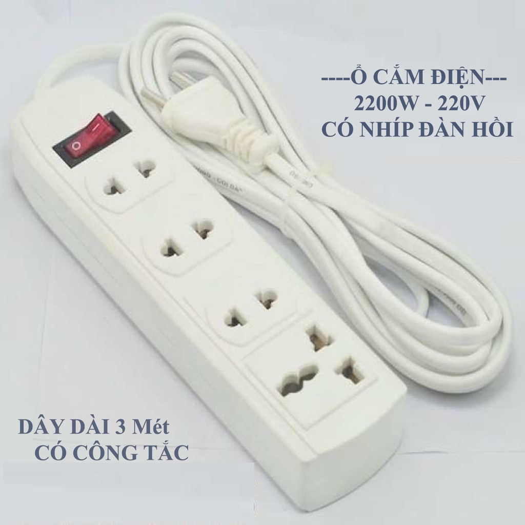 [MẪU MỚI] Ổ CẮM ĐIỆN DÂY DÀI 3M - 2200W - CÓ NHÍP ĐÀN HỒI - CÓ CÔNG TẮC