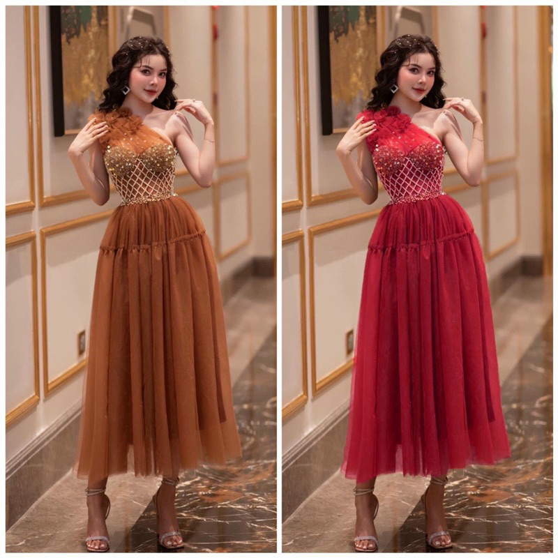 Đầm xoè dự tiệc lệch vai sang trọng kết hoa nổi và cườm rất đẹp - size M/L