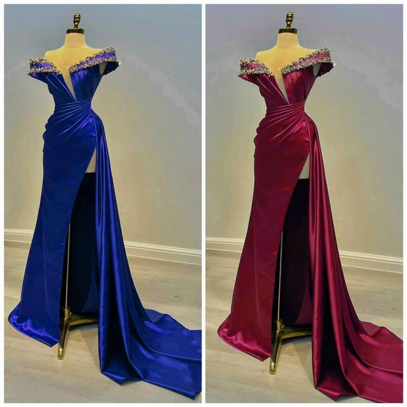 Đầm body dạ hội xẻ đùo bẹt vai kết đá pha lê sang trọng - size S/M/L