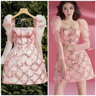 ĐẦM CỔ U TAY PHỒNG ĐÍNH ĐÁ ( kèm ảnh thật )