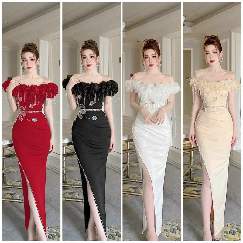 Đầm body dự tiệc xẻ đùi phối bẹt vai voan kính kết cườm tua rua - size S/M/L