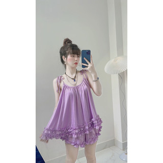 Bộ đùi lụa 2 dây cột nơ phối viền bèo