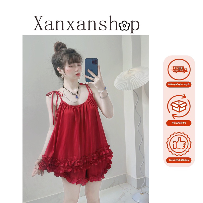 Bộ đùi lụa 2 dây cột nơ phối viền bèo