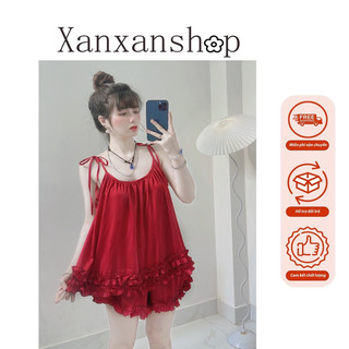 Bộ đùi lụa 2 dây cột nơ phối viền bèo