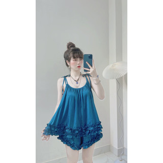 Bộ đùi lụa 2 dây cột nơ phối viền bèo