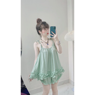Bộ đùi lụa 2 dây cột nơ phối viền bèo