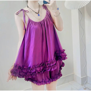 Bộ đùi lụa 2 dây cột nơ phối viền bèo