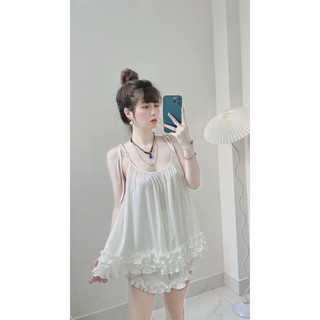 Bộ đùi lụa 2 dây cột nơ phối viền bèo