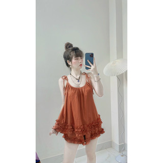 Bộ đùi lụa 2 dây cột nơ phối viền bèo