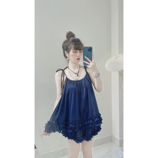 Bộ đùi lụa 2 dây cột nơ phối viền bèo